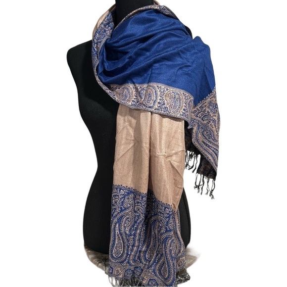 Elegant Shawl in Framed Navy Blue - Versatile Wrap, Poncho, or Cape Soft Rayon - Picture 12 of 17